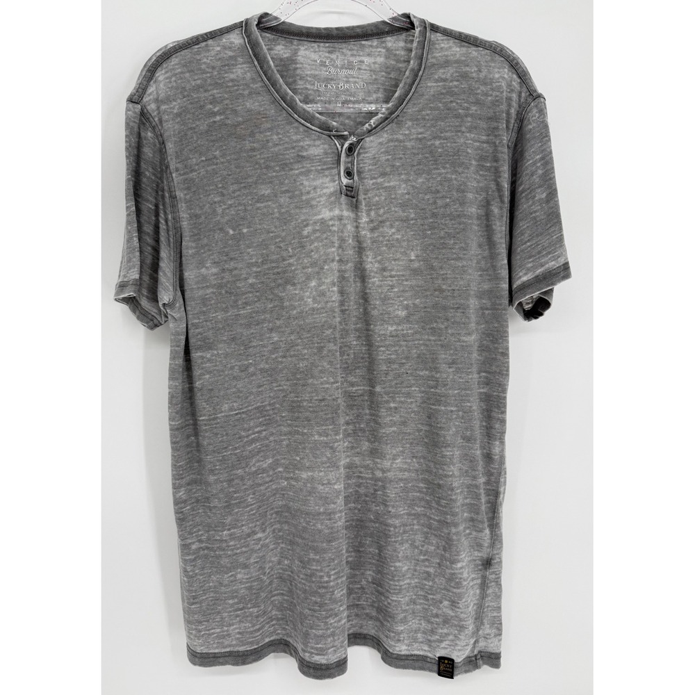 Lucky Brand Venice Burnout Henley Mens Sz M Grey Short Sleeve Acid Wash Shirt